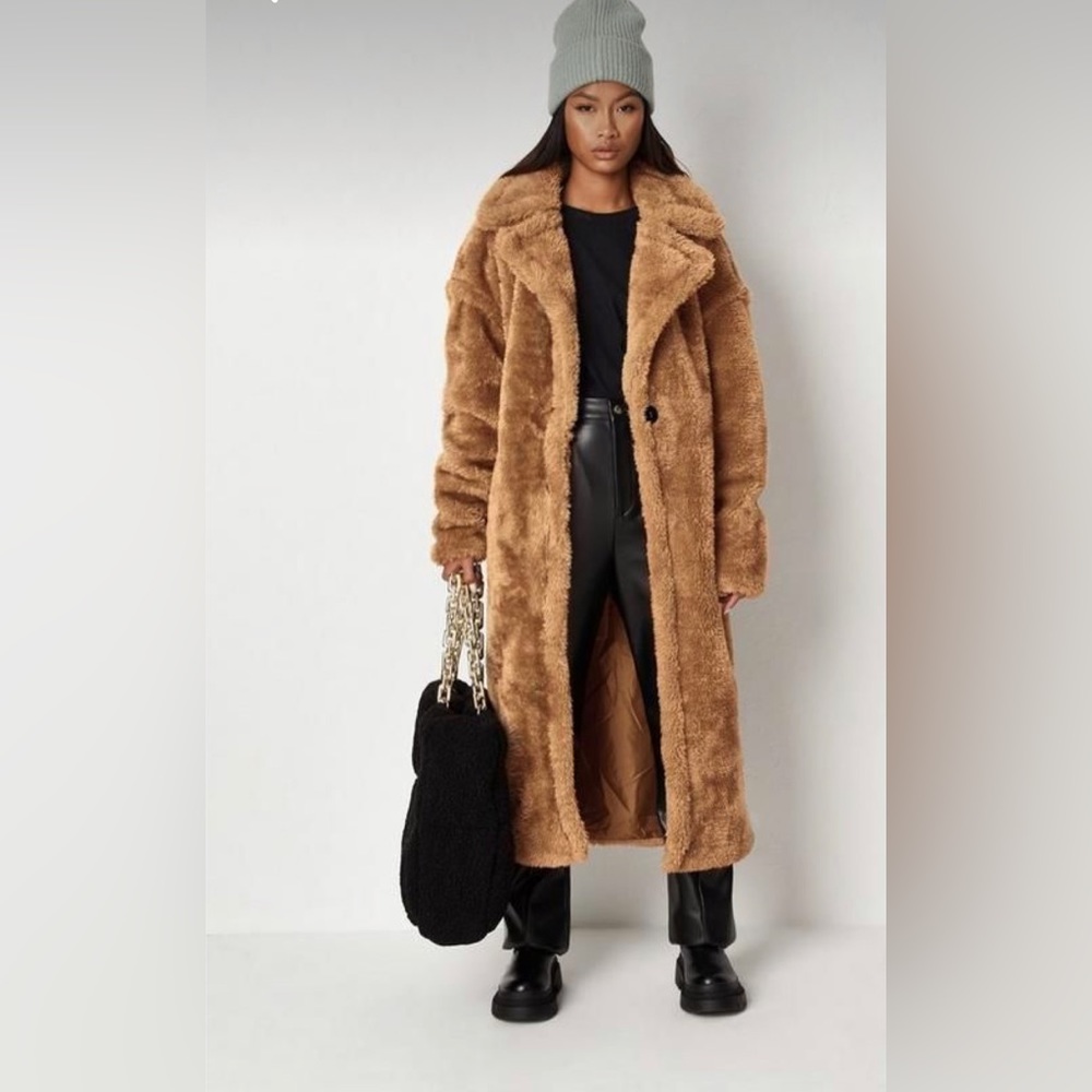 Tan Borg Teddy Seam Detail Longline Coat